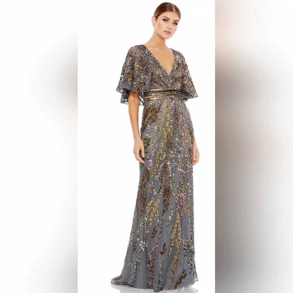Mac Duggal, Cape Sleeve Embellished Evening Gown, Charcoal, Size 4, NWT